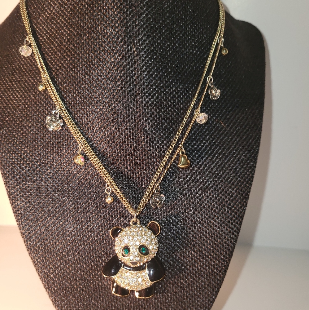 Betsey johnson rhinestone panda necklace gold tone